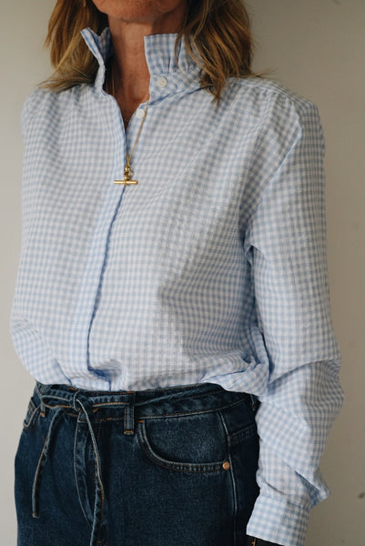 Blue Gingham Frill High Collar Blouse By Lili and Lala