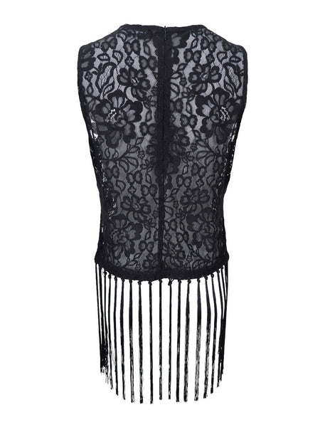 Black Lace Fringe Top By Black Colour