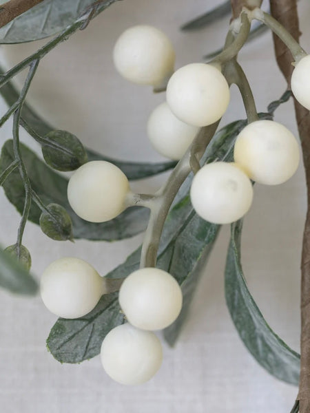 White Faux Berry Sprig With Frosted Leaves