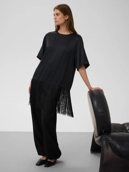 Black Fringe Satin Top By Soaked