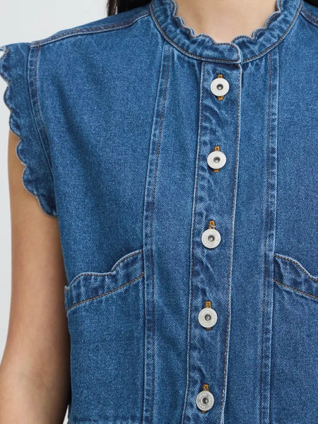 Denim Scallop Edge Boxy Waistcoat by Ichi