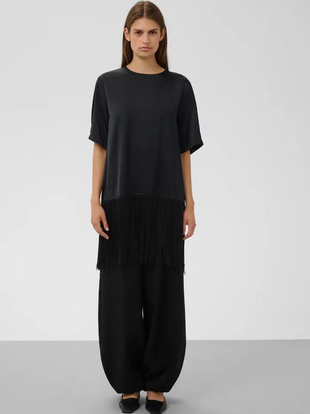Black Fringe Satin Top By Soaked