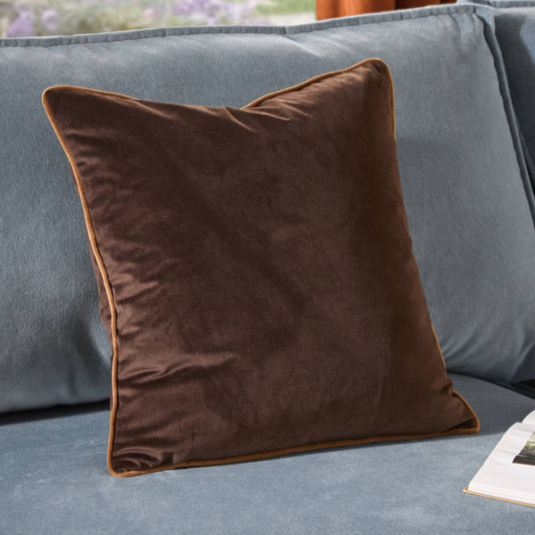 Chocolate Meridian Velvet Cushion Caramel Trim