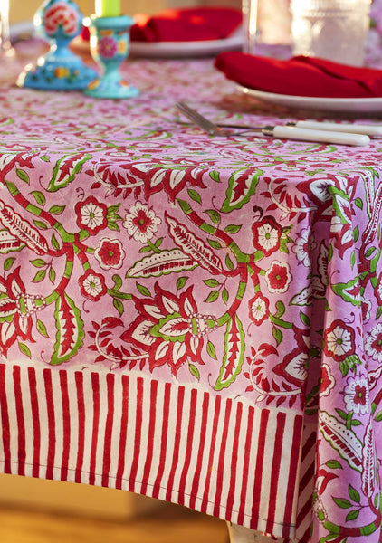 Pink Floral Block Print Tablecloth 125x220cm
