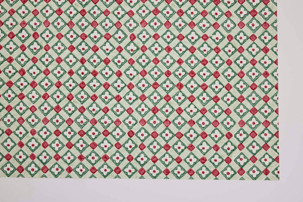 Block Printed Wrapping Paper Sheets - Floral Checks Sage