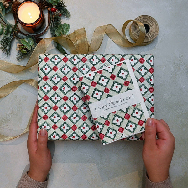 Block Printed Wrapping Paper Sheets - Floral Checks Sage