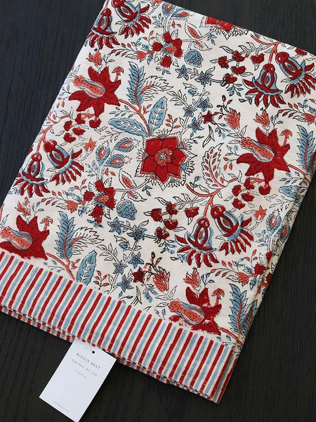 Multi-Red Stripe Border Cotton Tablecloth