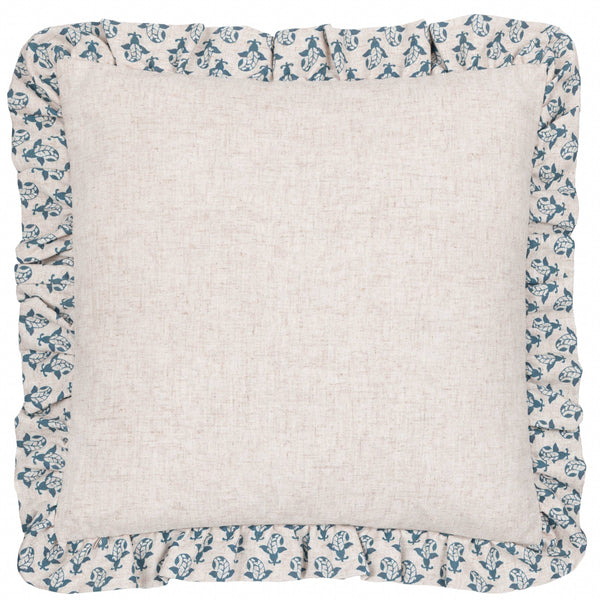 Blue Lulah Block Printed Ruffle Cushion Feather 45 x 45cm