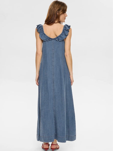 Denim Frill Neck Maxi Dress by Numph