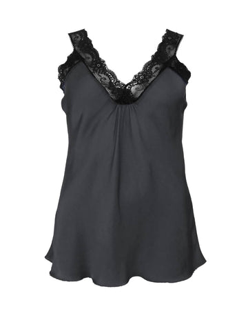 Dark Grey Vintage Lace Strap Top By Black Colour