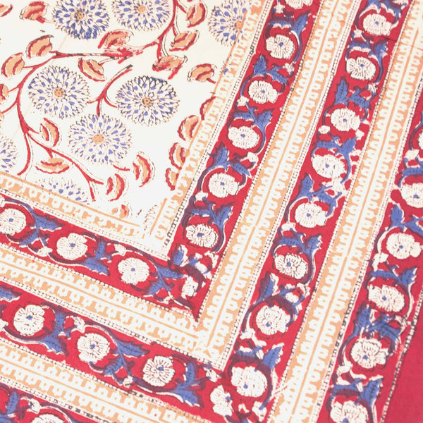 Beige Floral Block Printed Rectangular Tablecloth
