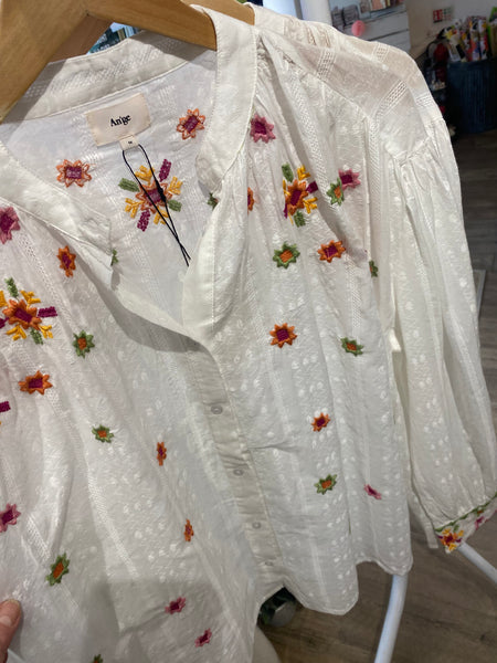 Cream Embroidered Floral Blouse by Ange