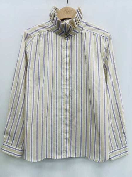 Taupe Stripe Frill High Collar Blouse By Lili and Lala