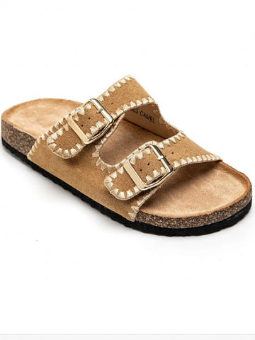 CAMEL DOUBLE BUCKLE STRAP STITCHING DETAIL SLIP ON FLAT SANDAL