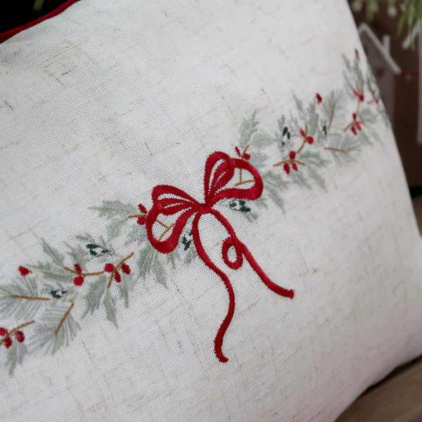 Embroidered Bow & Garland Linen Cushion