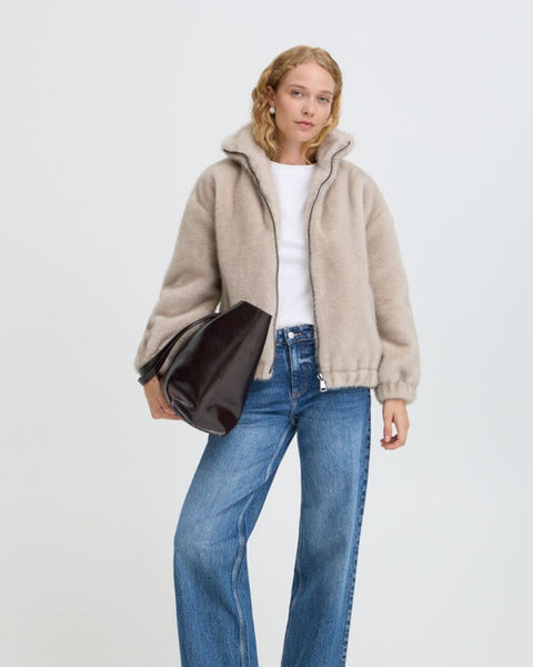 Mushroom Funnel Neck Faux Fur Bomber by B Young