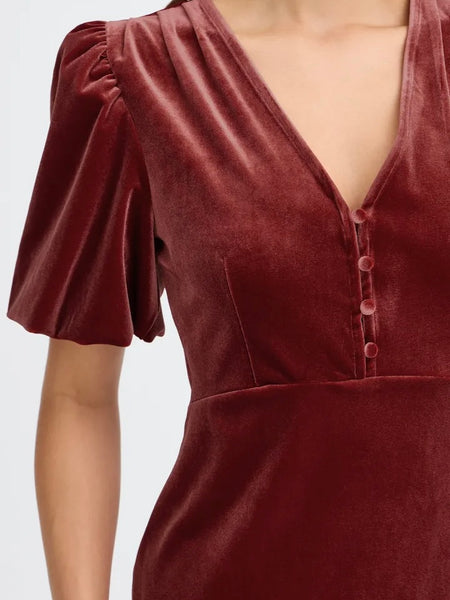 Burgundy Velvet Puff Sleeve Dress by B.Young