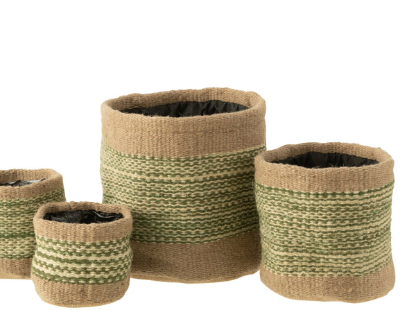 Large Green-Banded Natural Jute Basket