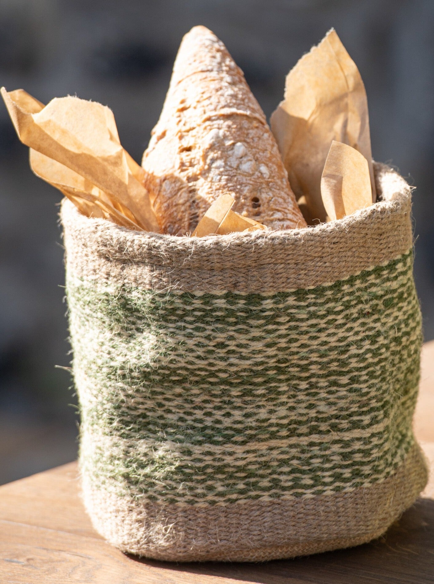 Large Green-Banded Natural Jute Basket