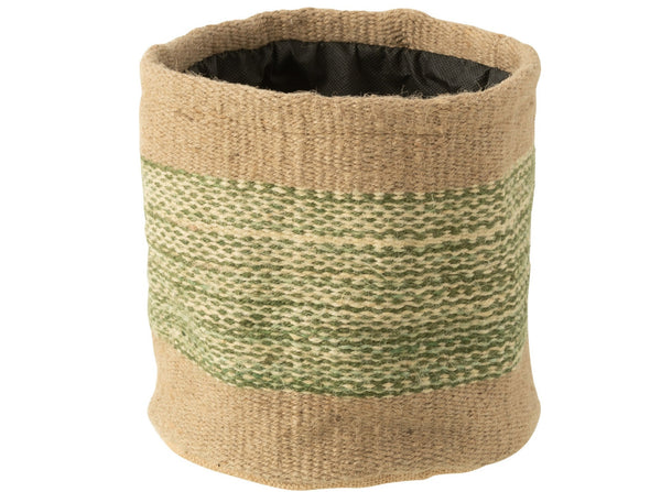 Large Green-Banded Natural Jute Basket