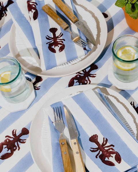 Blue Stripe Lobster Block Print Tablecloth 150cmx270cm
