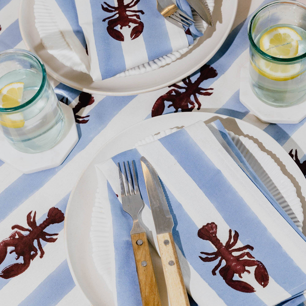 Blue Stripe Lobster Block Print Tablecloth 150cmx270cm