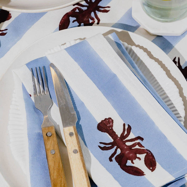 Blue Stripe Lobster Block Print Napkin