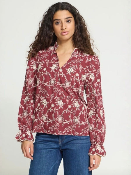 Burgundy Embroidered Cotton Blouse by Ichi
