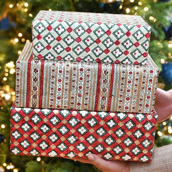 Block Printed Wrapping Paper Sheets - Floral Checks Sage