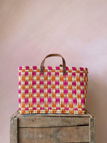 Medium Pink Woven Reed Moroccan Shopping Basket