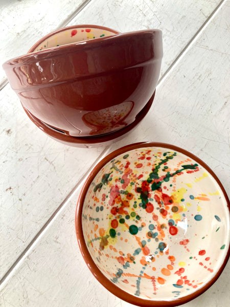 Small Glazed Terracotta Bowl with Multicolour Splash Design