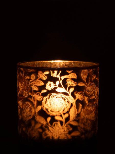 Brown Floral Glass Hurricane Candle Holder