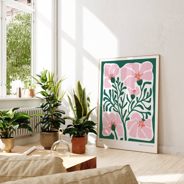 Green and Pink Abstract Flowers Print A3