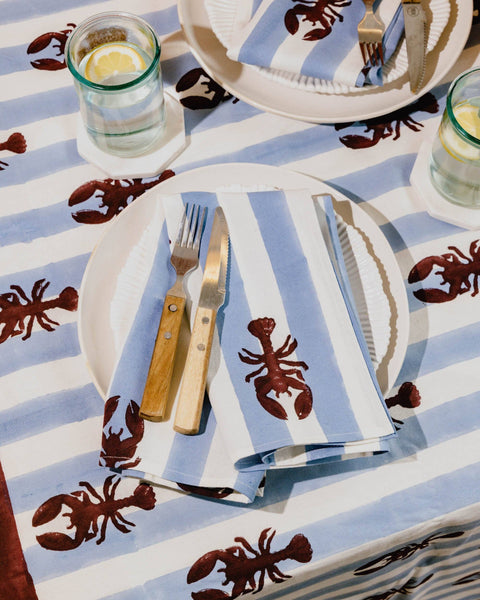 Blue Stripe Lobster Block Print Tablecloth 150cmx270cm