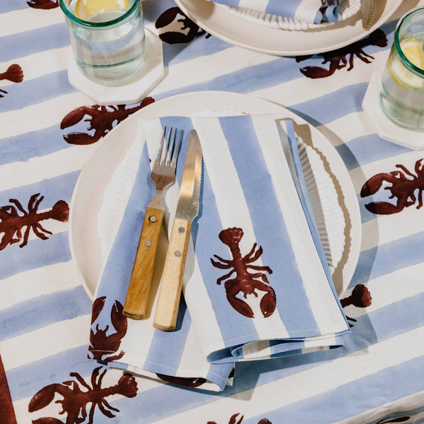 Blue Stripe Lobster Block Print Tablecloth 150cmx270cm