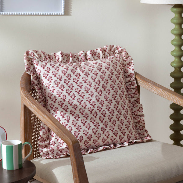 Dark Pink Lulah Block Printed Ruffle Cushion Feather 45cm
