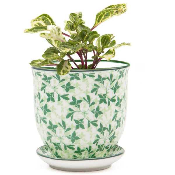 Blue Ceramic Pot with Saucer and Drainage Hole