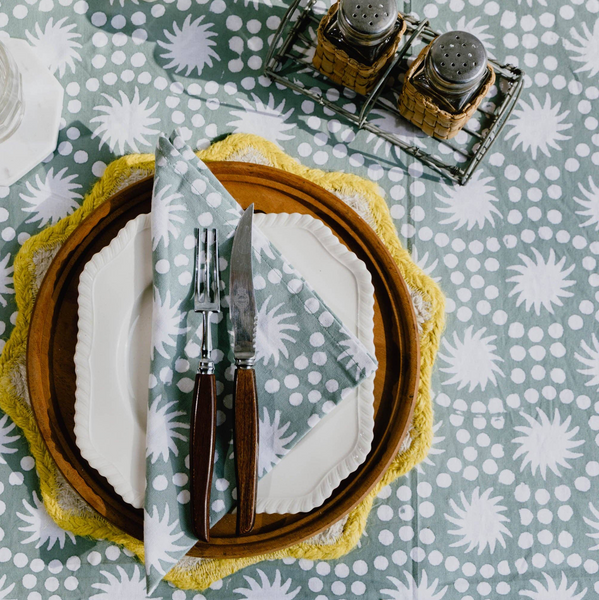 Duck Egg Sunburst Block Print Tablecloth 180cm x 280cm