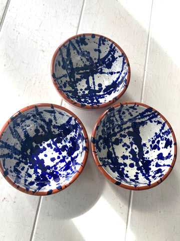 Small Glazed Terracotta Bowl with Blue Splash Design