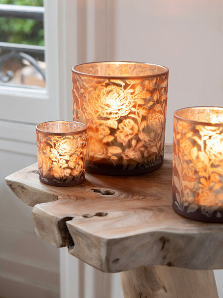 Brown Floral Glass Hurricane Candle Holder