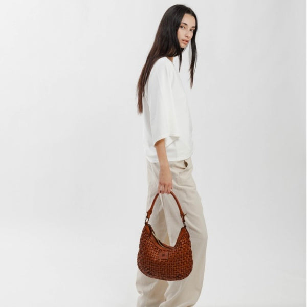 Tan Kansas Plaited Leather Half Moon Bag by Biba