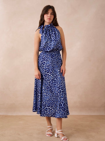 Bright Blue Leopard Satin Skirt by Choklate