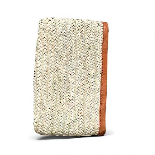 Handwoven Straw Clutch Leather Trim