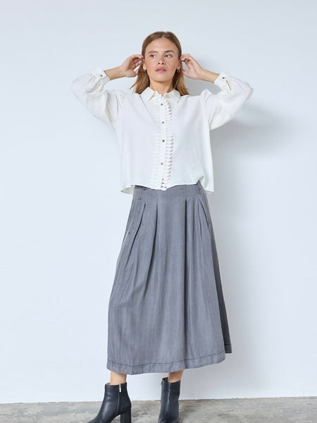 Washed Grey Denim Pleat Skirt by Co Couture