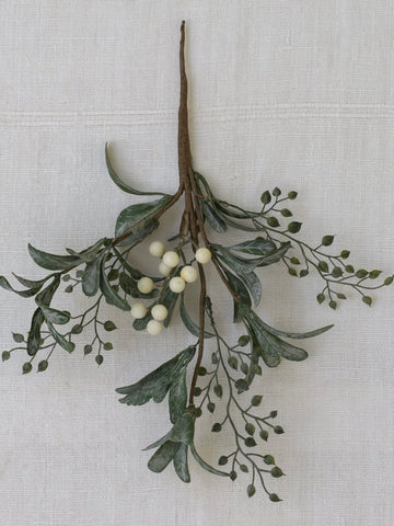 White Faux Berry Sprig With Frosted Leaves