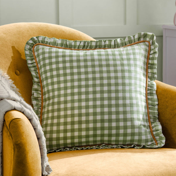 Maude Gingham Cotton Reversible Piped Cushion Sage