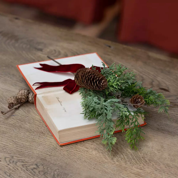 Foliage & Firecone Sprig With Velvet Ribbon By Grand Illusions