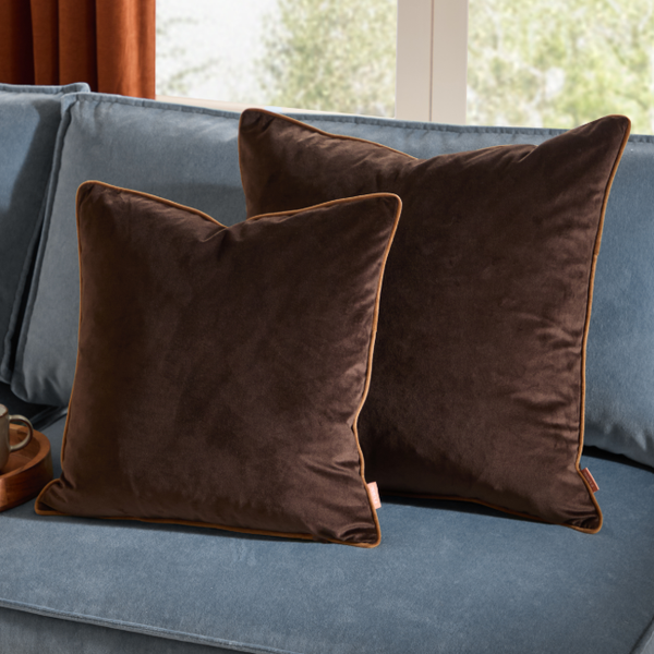 Chocolate Meridian Velvet Cushion Caramel Trim