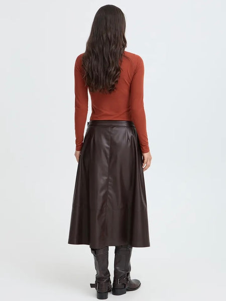 Chocolate Faux Leather Midi Skirt by B.Young
