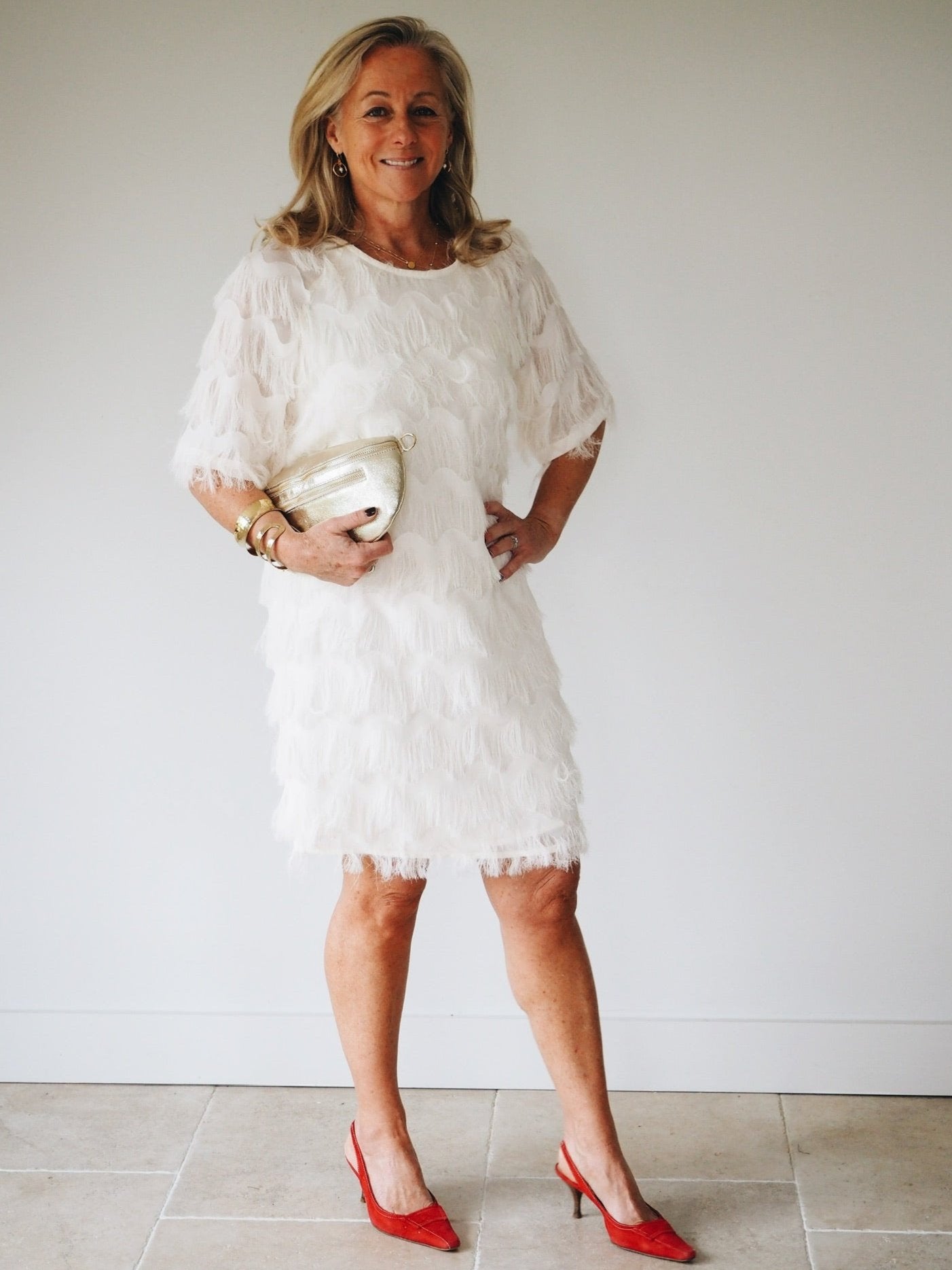 Winter White Tassel Shift Dress by Black Colour